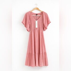 💗 New Boutique blush Pink Smockd Midi Dres – Flutter Sleeves | Boho Cottagecore